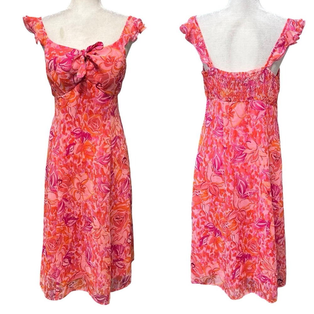 Vtg Womens Chiffon Midi Dress Size 10 Flutter Sleeve Floral Baby Doll Pink Smock